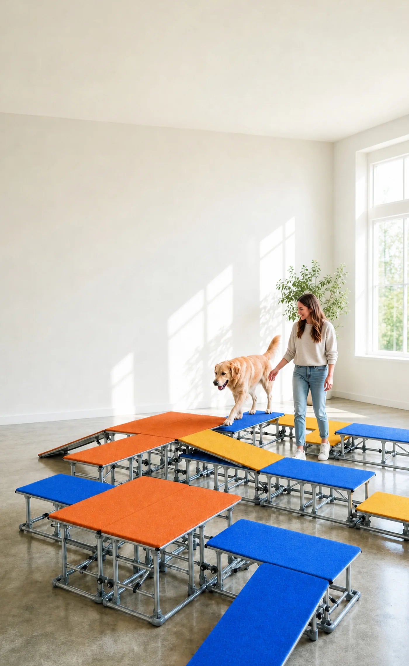 Dog and handler navigating a multilevel Paw Grit™ modular course
